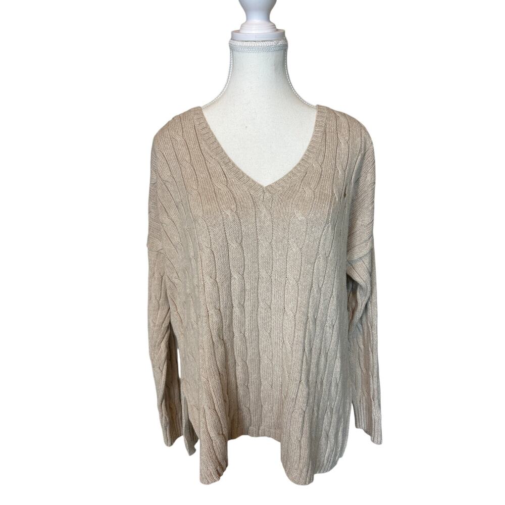 Polo Ralph Lauren | Womens Beige 100% Cotton Cable Knit V Neck Sweater | LG